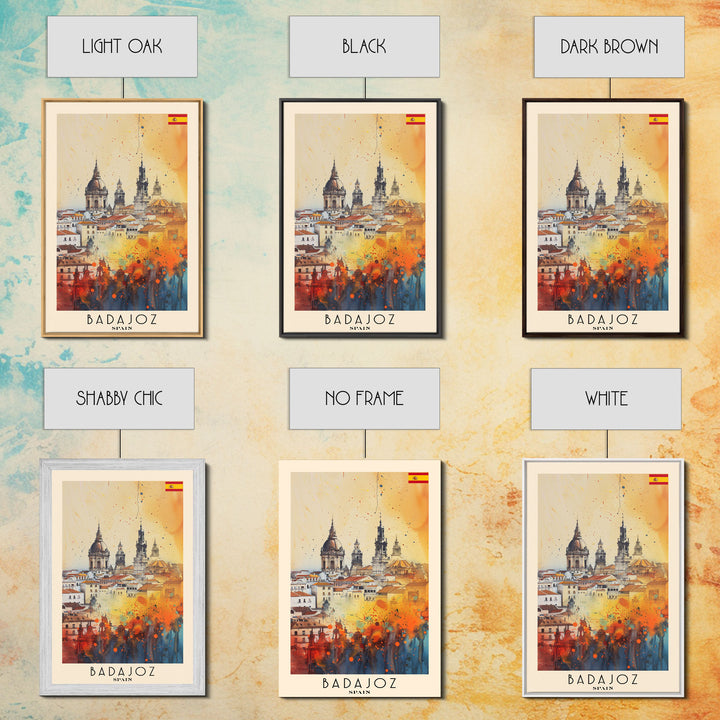 Badajoz Spain Travel Poster Framed Canvas Print, Wall Art, Home Decor, Vacation Print, Watercolor Painting, Cityscape Art, Vibrant Colors