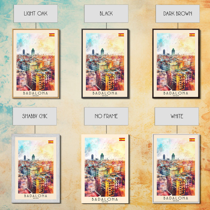 Badalona Spain Travel Poster Framed Canvas Print, Wall Art, Home Decor, Travel Print, Watercolor Painting, Urban Cityscape, Original Art