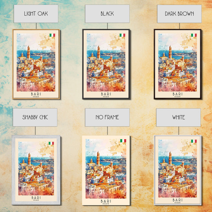 Bari Italy Travel Poster Framed Canvas Print, Wall Art, Home Decor, Watercolor Painting, Vacation Gift, Minimalist Art