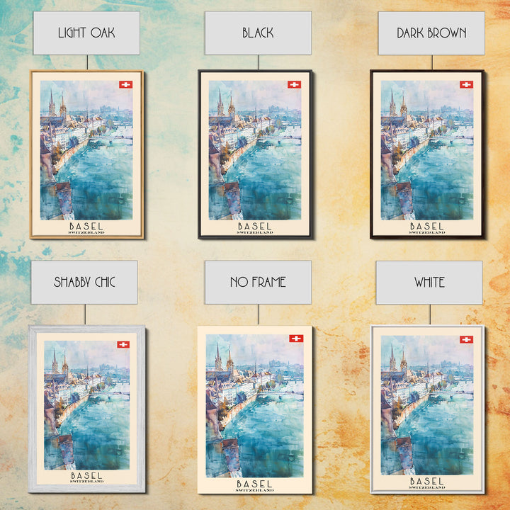 Basel Switzerland Travel Poster Framed Canvas Print, Wall Art, Home Decor, Watercolor Painting, Vacation Gift, Minimalist Art