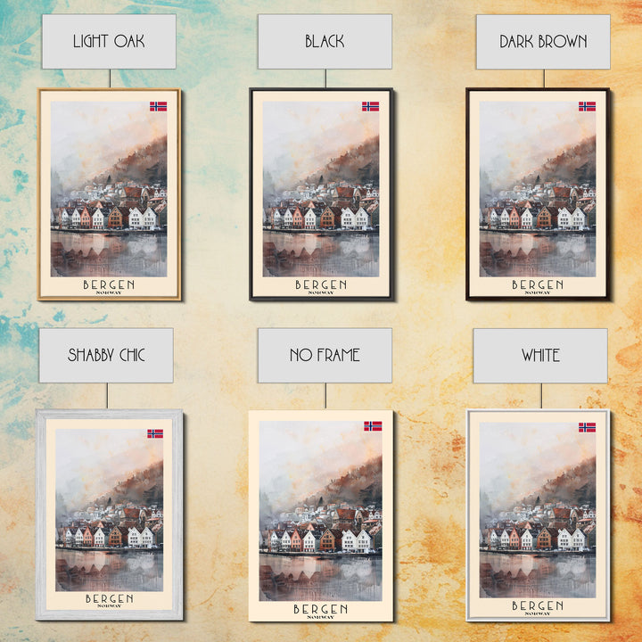 Bergen Norway Travel Poster Framed Canvas Print, Watercolor Painting, Wall Art, Home Decor, Boho Art, Scenic Travel Print