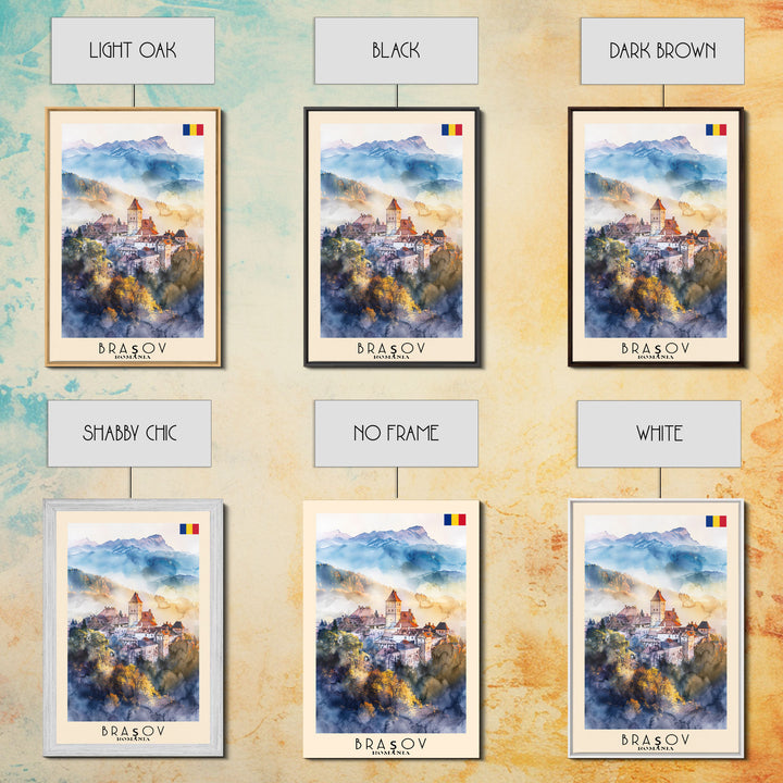 Bra?ov Romania Travel Poster Framed Canvas Print, Wall Art, Home Decor, Travel Print, Mountain View, Watercolor Painting, Original Art