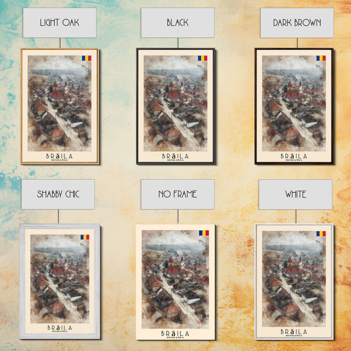 Brăila Romania Travel Poster Framed Canvas Print, Cityscape Art, Wall Decor, Travel Print, Watercolor Painting, Rustic Scene Art