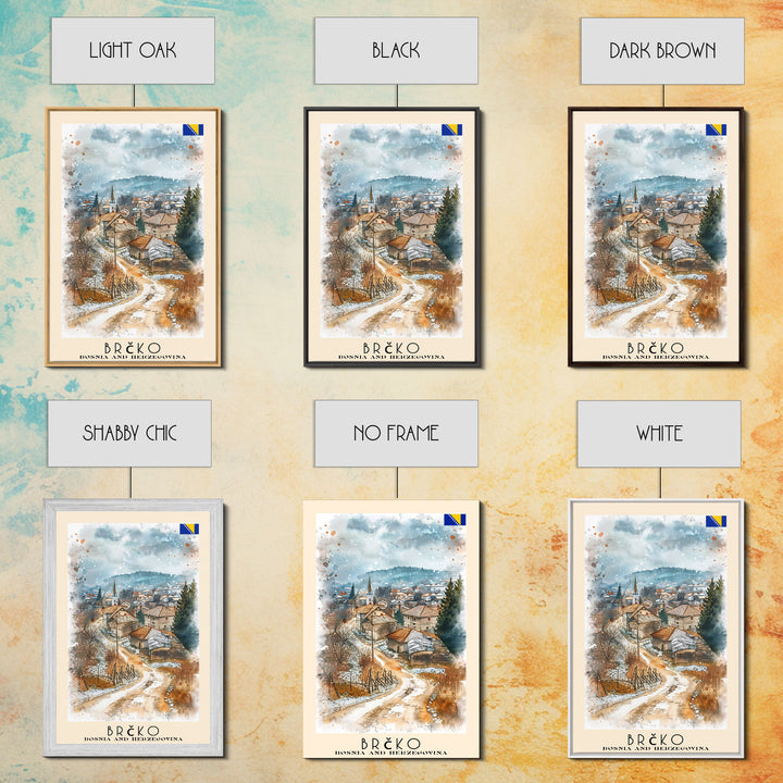 Brčko Bosnia Travel Poster Framed Canvas Print, Cityscape Art, Wall Decor, Travel Print, Watercolor Painting, Urban Scene Art