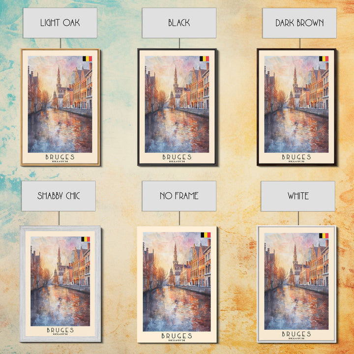 Bruges Belgium Travel Poster Framed Canvas Print, Watercolor Painting, Boho Wall Art, Home Decor, Living Room Art, Minimalist Travel Print