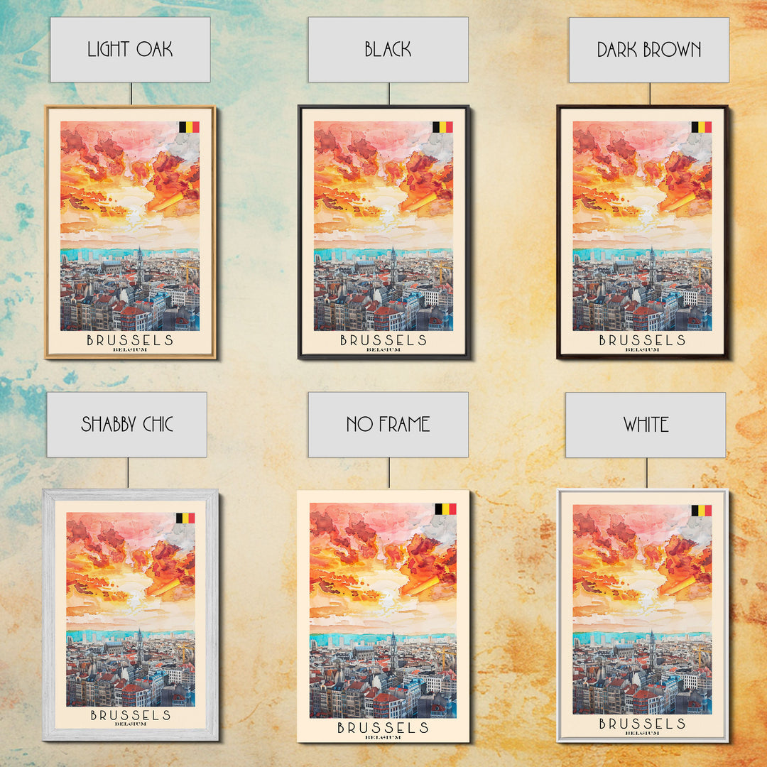 Brussels Belgium Travel Poster Framed Canvas Print, Abstract Sunset, Wall Art, Modern Home Decor, Travel Print, Watercolor Painting, Art Piece