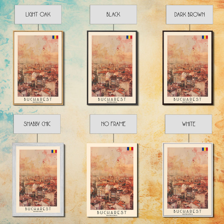 Bucharest Romania Travel Poster Framed Canvas Print, Abstract Cityscape, Boho Wall Art, Home Decor, Living Room Art, Watercolor Painting, Original Art
