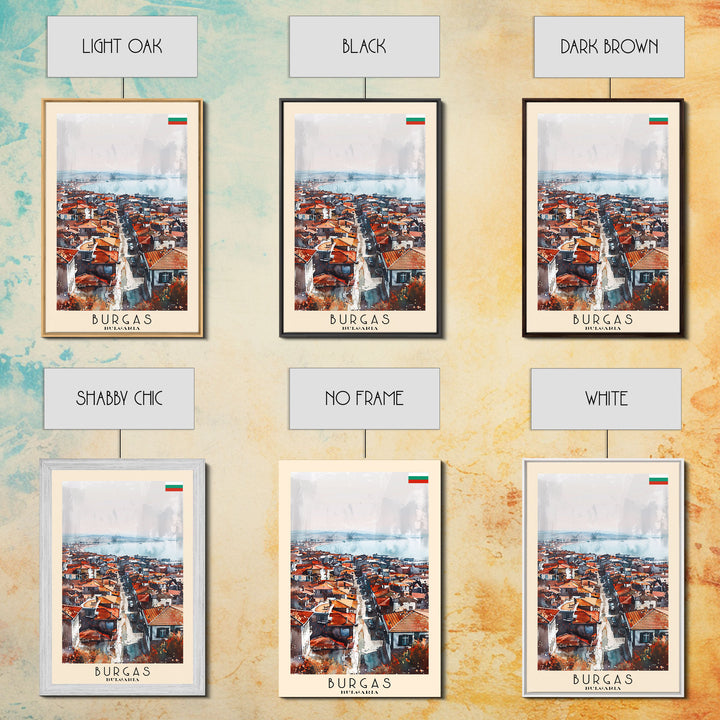 Burgas Bulgaria Travel Poster Framed Canvas Print, Coastal Cityscape, Watercolor Painting, Wall Art, Home Decor, Minimalist Travel Print, Urban Scene