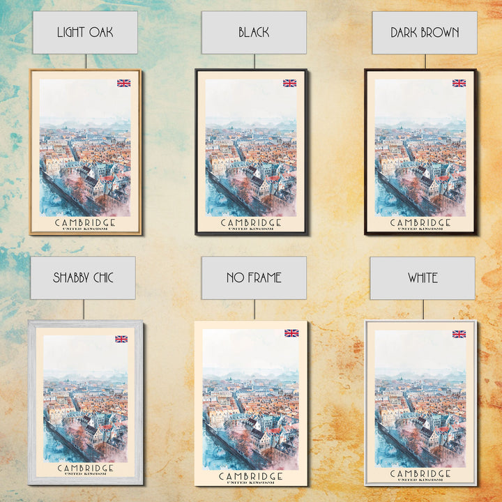 Cambridge United Kingdom Travel Poster Framed Canvas Print, Wall Art, Home Decor, Travel Print, Vacation Gift, Watercolor Painting, Original Art