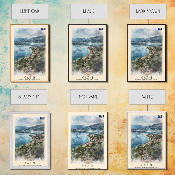 Cazin Bosnia and Herzegovina Travel Poster Framed Canvas Print, Wall Art, Home Decor, Travel Print, Vacation Gift, Watercolor Painting, Original Art