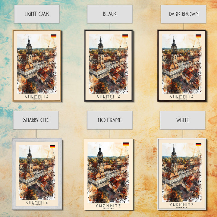 Chemnitz Germany Travel Poster Framed Canvas Print, Wall Art, Home Decor, Travel Print, Minimalist Watercolor Painting, Original Art