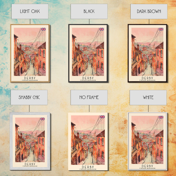 Derby United Kingdom Scenic Watercolor Framed Canvas Print, Vintage Travel Poster, British Wall Art, Rustic Home Decor, Retro Urban Artwork, Living Room Decoration