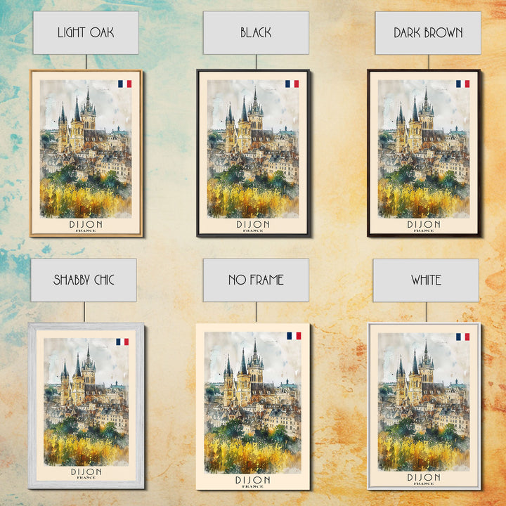 Dijon France Historic Landmark Framed Canvas Print, Watercolor Travel Poster, French Heritage Art, Classic Home Decor, Retro Wall Art, Living Room Piece
