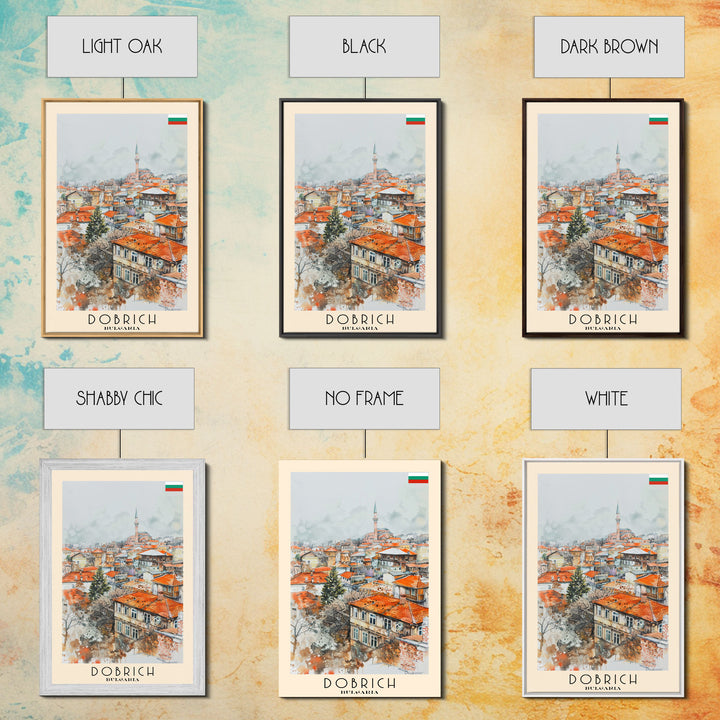 Dobrich Bulgaria Quaint Town Framed Canvas Print, Watercolor Travel Poster, Bulgarian Village Art, Rustic Home Decor, Vintage Wall Art, Living Room Enhancement