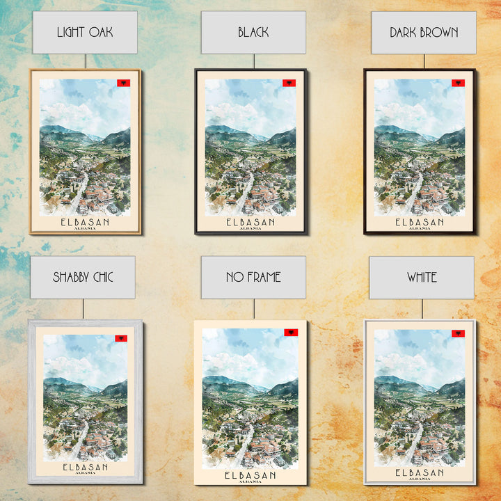Elbasan, Albania Framed Canvas Print. Mountain Charm Wall Art for Living Room or Bedroom, Scenic Travel Poster Decor.