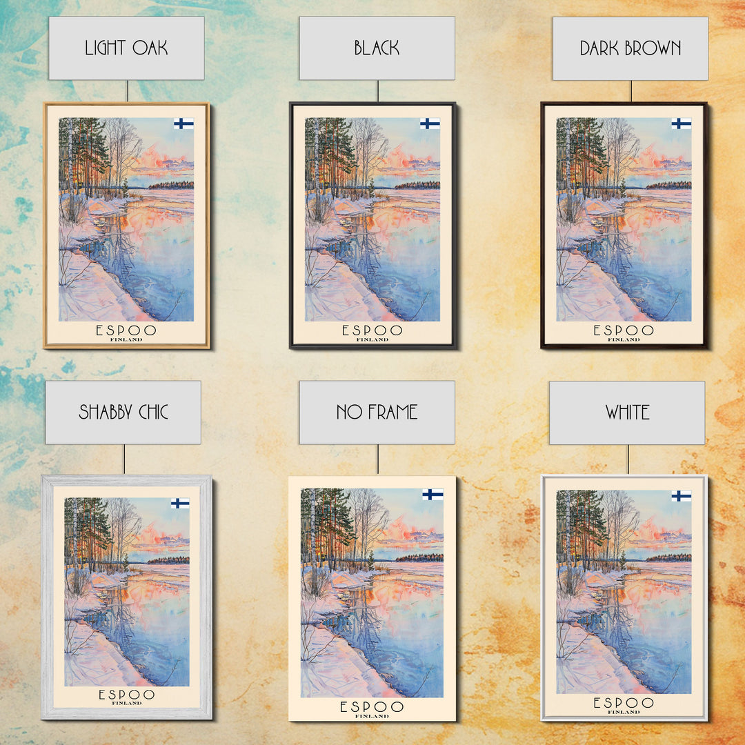 Espoo Finland Serene Landscape Watercolor Framed Canvas Print, Tranquil Travel Poster Art for Home and Office Wall Decor