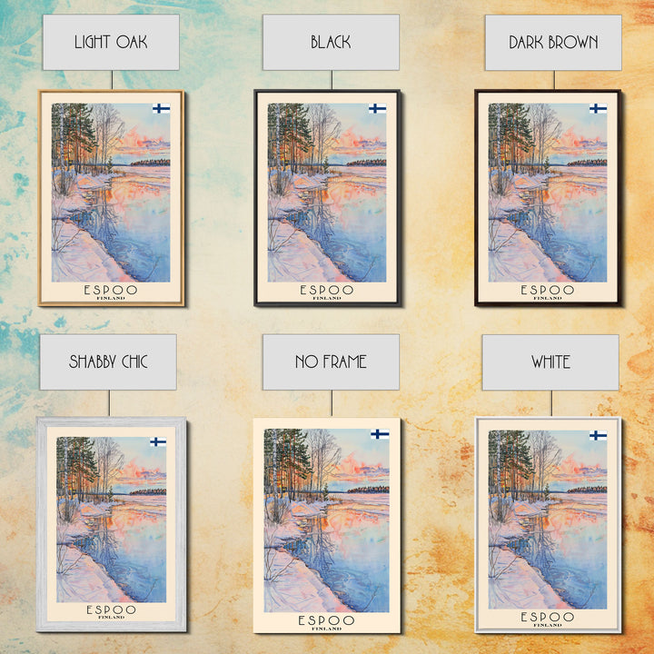 Espoo Finland Serene Landscape Watercolor Framed Canvas Print, Tranquil Travel Poster Art for Home and Office Wall Decor