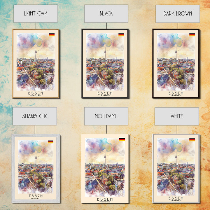 Essen Germany Vibrant Cityscape Watercolor Framed Canvas Print, Dynamic Travel Poster Art for Living Room and Bedroom Decor