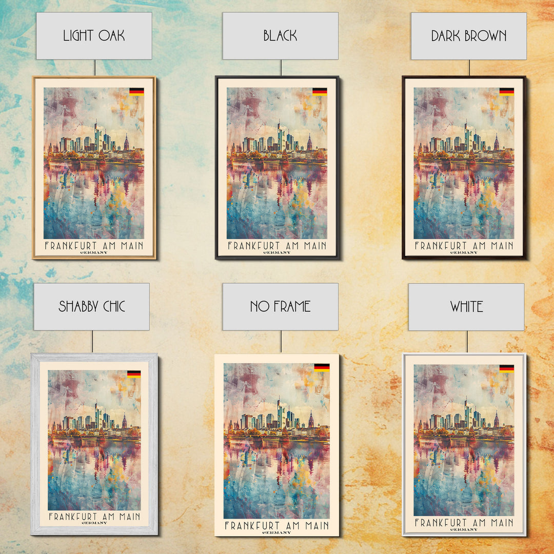 Frankfurt Germany Modern Skyline Watercolor Framed Canvas Print, Contemporary Travel Poster Art for Home and Office Wall Decor