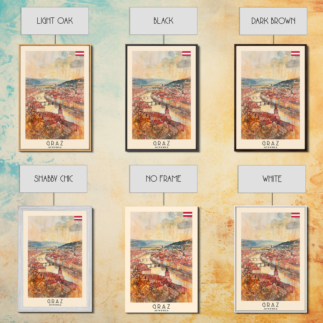 Graz Austria Watercolor Cityscape Art, Framed Canvas Print, Wall Art for Living Room, Travel Poster Art, Home Decor, Austrian Wall Art