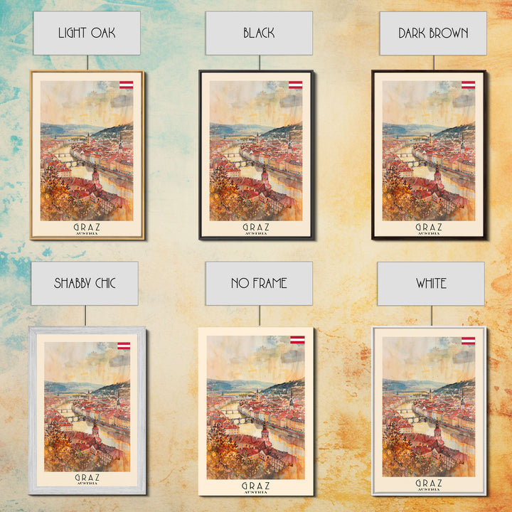 Graz Austria Watercolor Cityscape Art, Framed Canvas Print, Wall Art for Living Room, Travel Poster Art, Home Decor, Austrian Wall Art