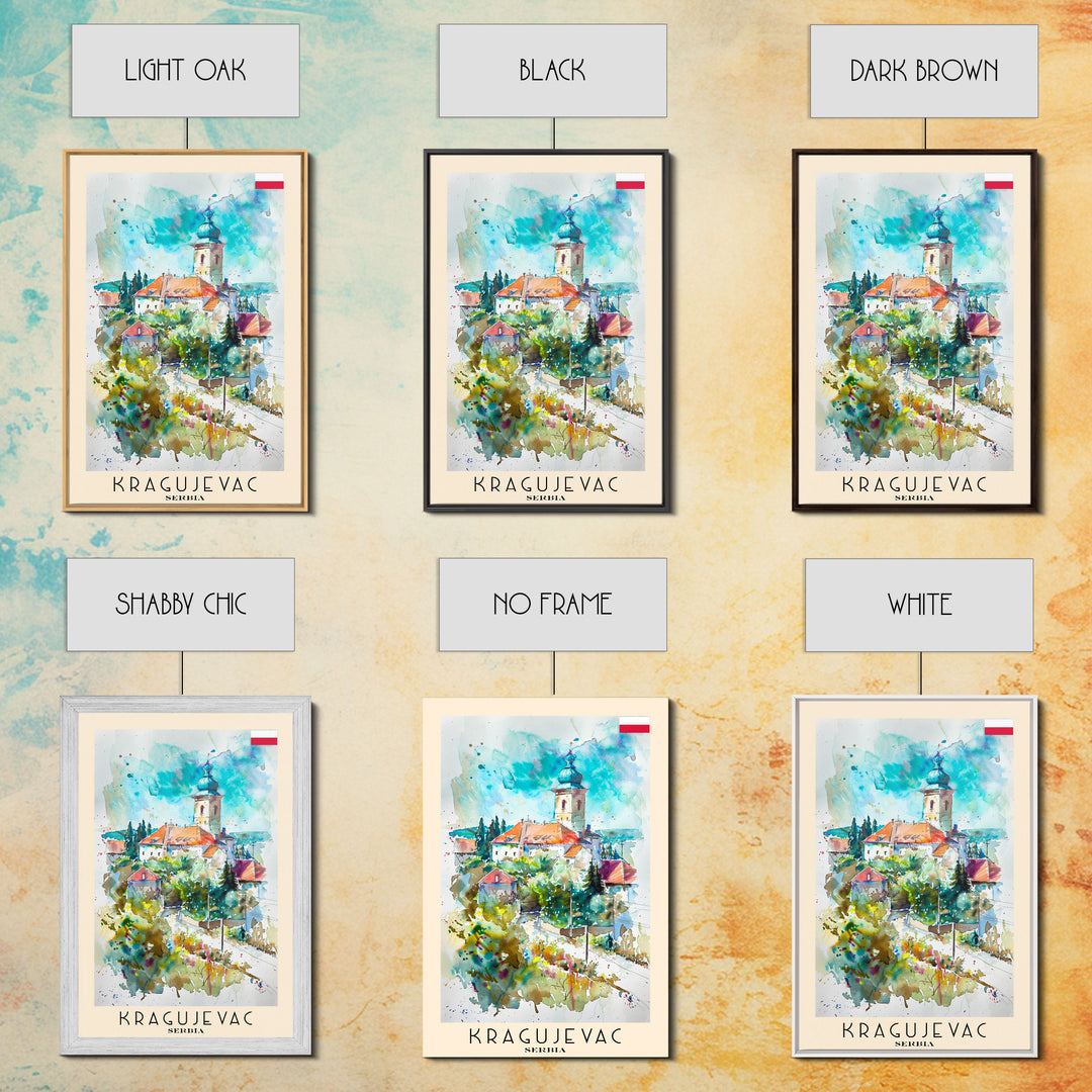 Kragujevac Serbia Travel Poster Framed Canvas Print, Watercolor Painting, Boho Wall Art, Living Room Decor, Scenic Art, Travel Print