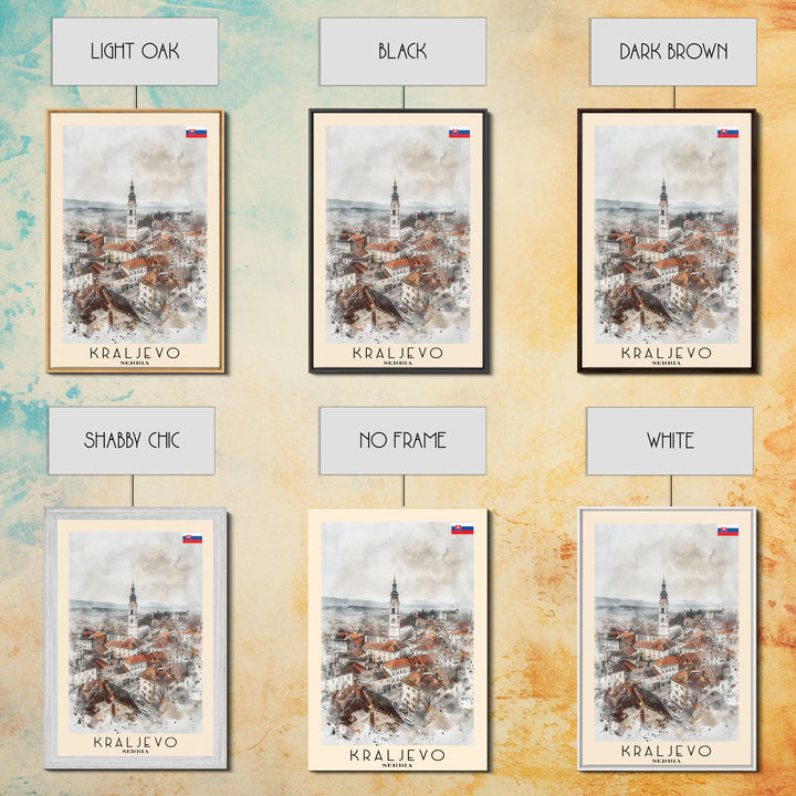 Kraljevo Serbia Travel Poster Framed Canvas Print, Urban Landscape, Watercolor Wall Art, Home Decor, Original Art, Travel Print