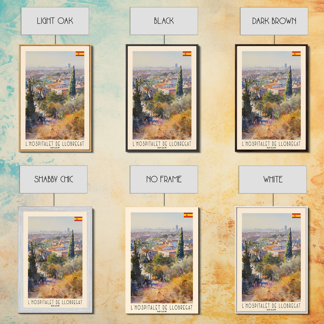L'Hospitalet Spain Travel Poster Framed Canvas Print, Urban Landscape, Watercolor Painting, Wall Art, Home Decor, Travel Print, Artistic Gift