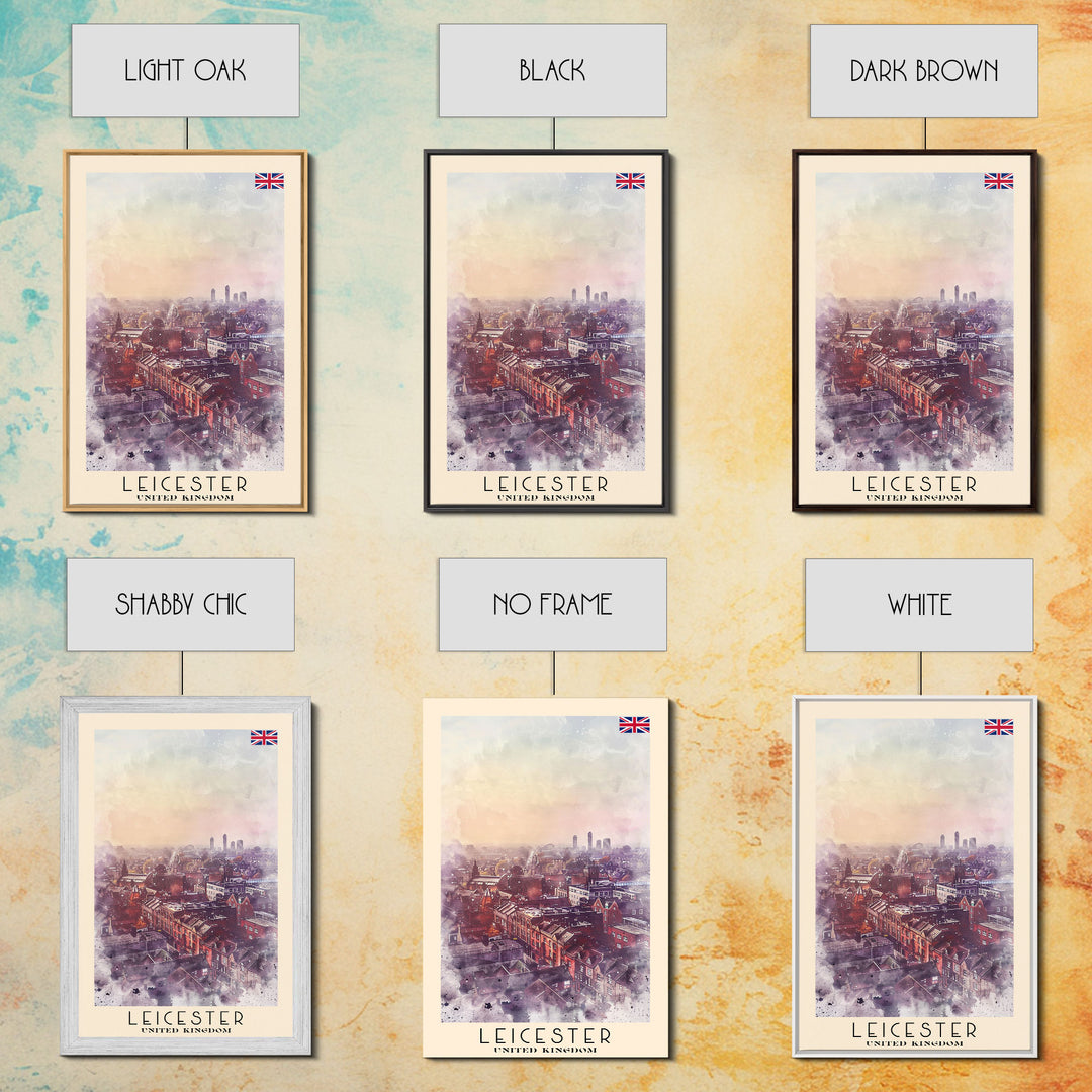 Leicester United Kingdom Travel Poster Framed Canvas Print, Historic Cityscape, Watercolor Art, Wall Decor, Home Decoration, Travel Print, Original Art