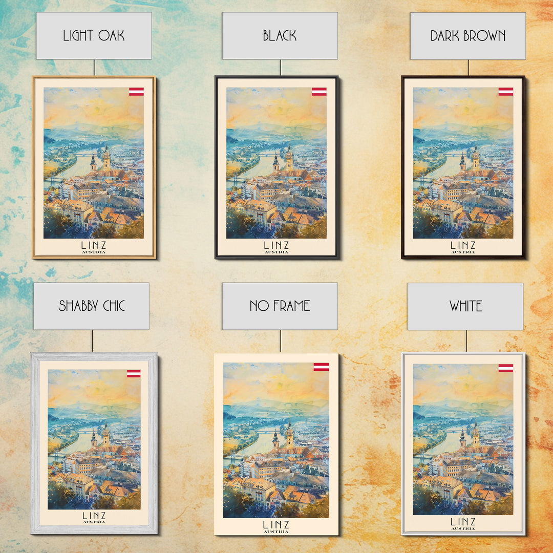 Linz Austria Travel Poster Framed Canvas Print, Scenic Landscape, Watercolor Painting, Wall Art, Home Decoration, Travel Print, Artistic Gift