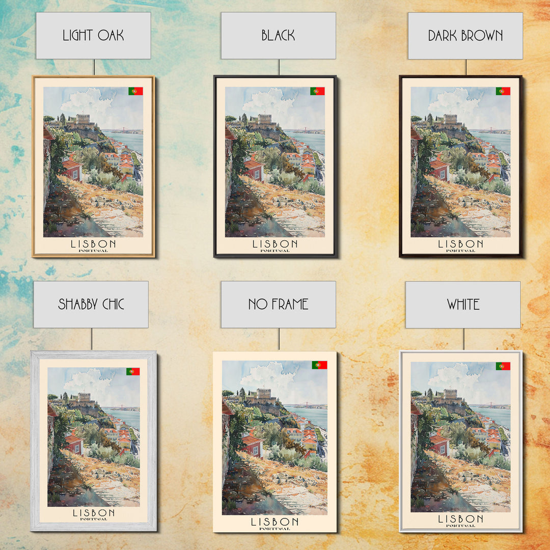 Lisbon Portugal Travel Poster Framed Canvas Print, Coastal Cityscape, Watercolor Painting, Wall Art, Home Decoration, Travel Print, Artistic Gift