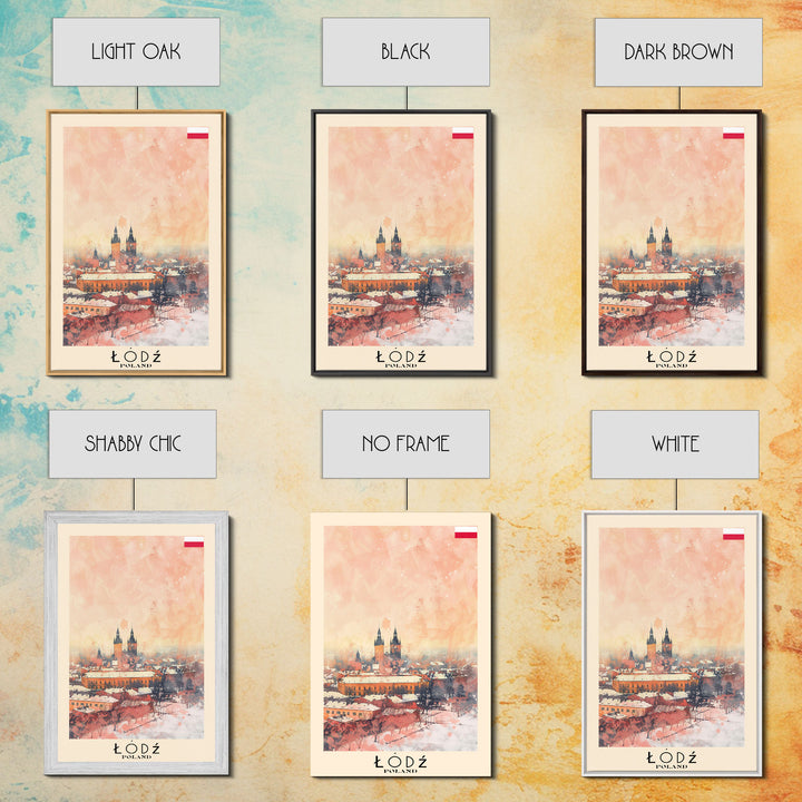 Lodz Poland Travel Poster Framed Canvas Print, Historic Cityscape, Watercolor Painting, Wall Art, Home Decor, Travel Print, Artistic Gift