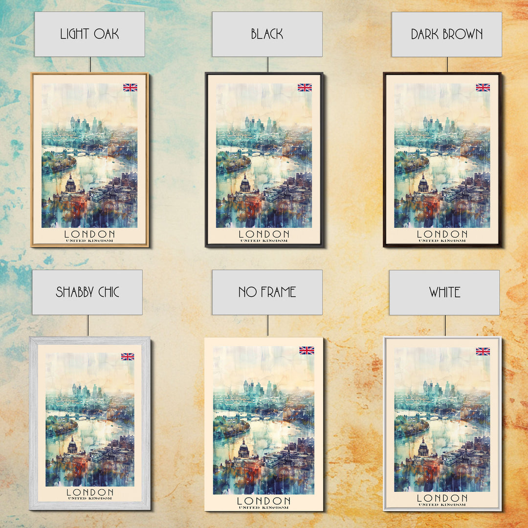 London United Kingdom Travel Poster Framed Canvas Print, Iconic Cityscape, Watercolor Art, Wall Decor, Home Decoration, Travel Print, Artistic Gift