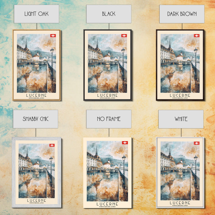 Lucerne Switzerland Travel Poster Framed Canvas Print, Scenic Landscape, Watercolor Art, Wall Decoration, Home Decor, Travel Print, Original Painting