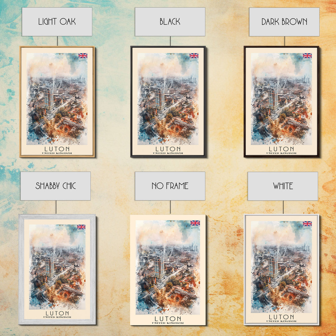 Luton United Kingdom Travel Poster Framed Canvas Print, Vibrant Cityscape, Urban Art, Wall Decor, Interior Design, Travel Print, Unique Art