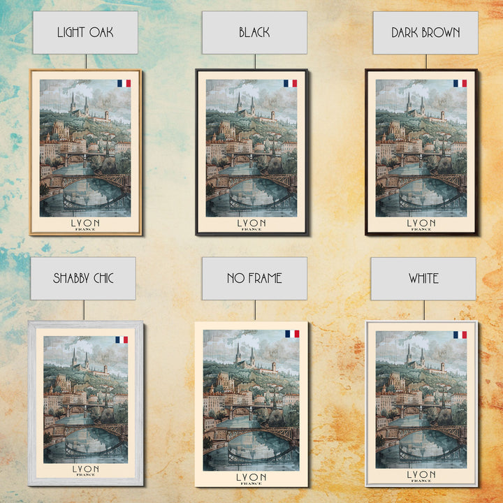 Lyon France Travel Poster Framed Canvas Print, Historic Cityscape, Watercolor Art, Wall Hanging, Home Decor, Travel Print, Art Collectible