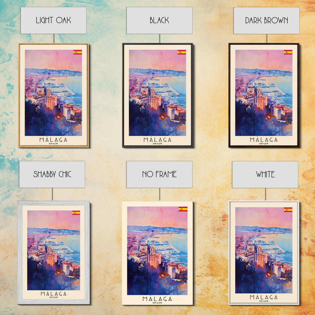 Malaga Spain Travel Poster Framed Canvas Print, Vibrant Coastline, Watercolor Art, Wall Decoration, Interior Decor, Travel Print, Unique Artwork