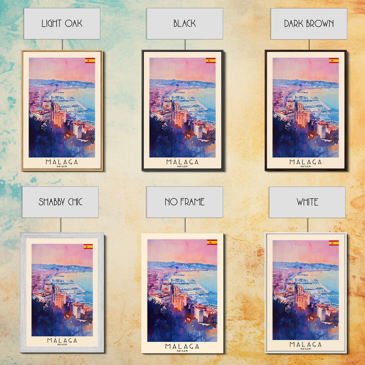 Malaga Spain Travel Poster Framed Canvas Print, Vibrant Coastline, Watercolor Art, Wall Decoration, Interior Decor, Travel Print, Unique Artwork
