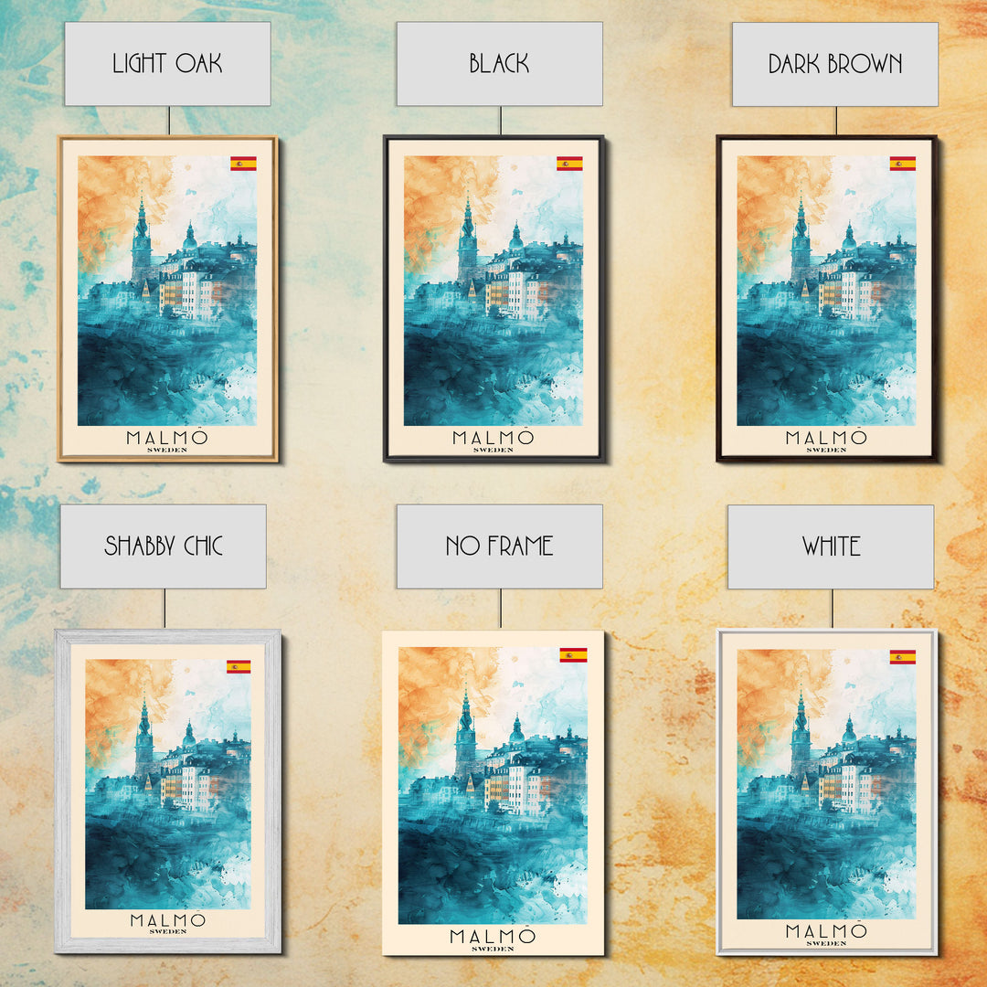Malmo Sweden Travel Poster Framed Canvas Print, Modern Cityscape, Urban Art, Wall Hanging, Home Decor, Travel Print, Original Piece