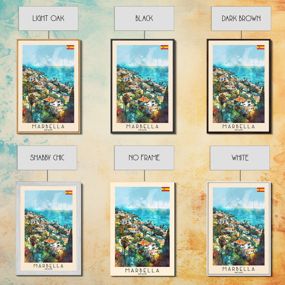 Marbella Spain Travel Poster Framed Canvas Print, Coastal Cityscape, Watercolor Painting, Wall Decor, Home Decoration, Travel Print, Artistic Piece