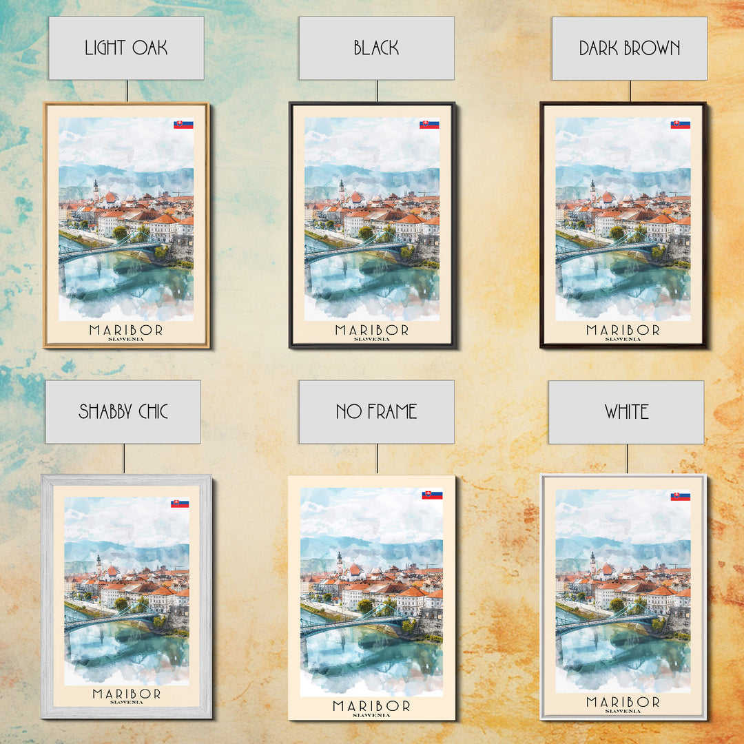 Maribor Slovenia Travel Poster Framed Canvas Print, Urban Landscape, Watercolor Art, Wall Hanging, Home Decor, Travel Print, Original Art