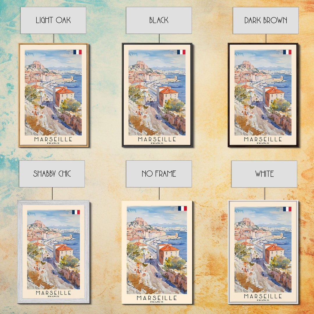 Marseille France Travel Poster Framed Canvas Print, Vibrant Cityscape, Watercolor Art, Wall Hanging, Home Decoration, Travel Print, Artistic Gift