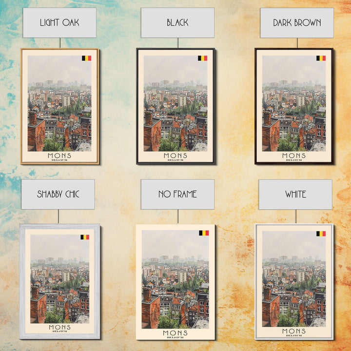 Mons Belgium Travel Poster Framed Canvas Print, Scenic Urban Landscape, Watercolor Painting, Wall Art, Home Decor, Travel Print, Original Painting