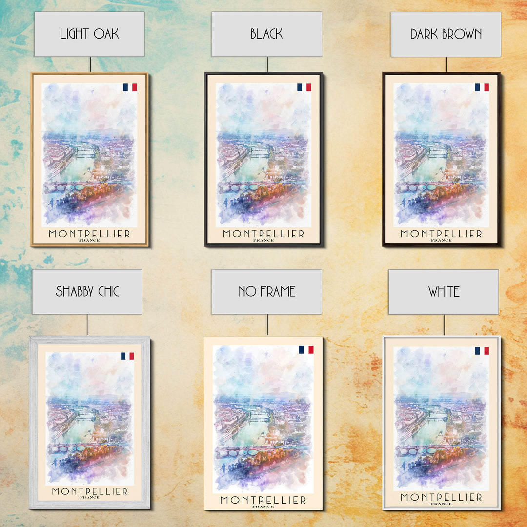 Montpellier France Travel Poster Framed Canvas Print, Vibrant Cityscape, Watercolor Art, Wall Decor, Interior Design, Travel Print, Unique Artwork