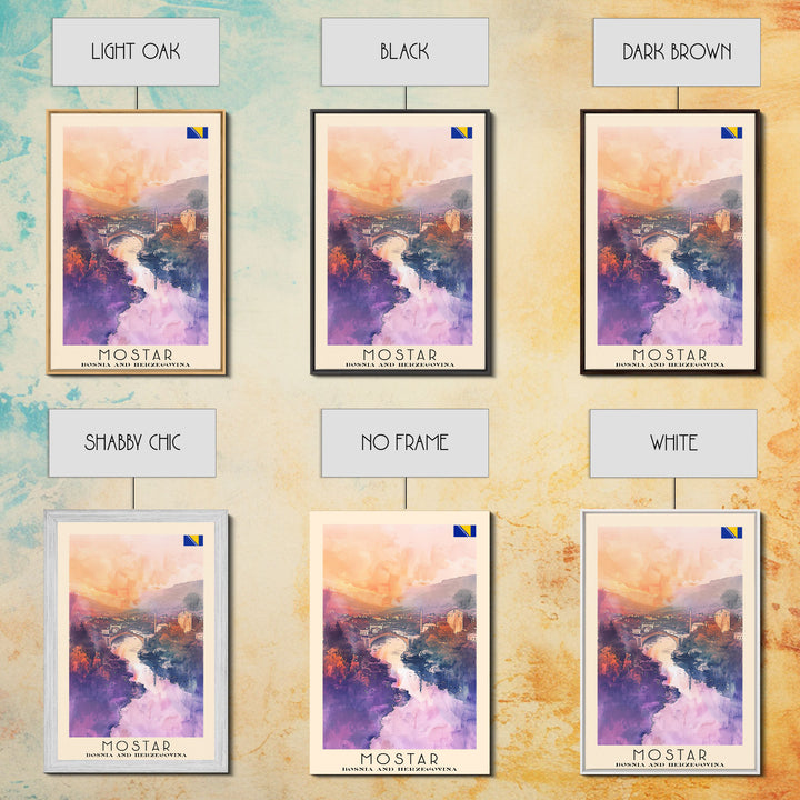 Mostar Bosnia Travel Poster Framed Canvas Print, Scenic Landscape, Watercolor Art, Wall Hanging, Home Decoration, Travel Print, Original Piece