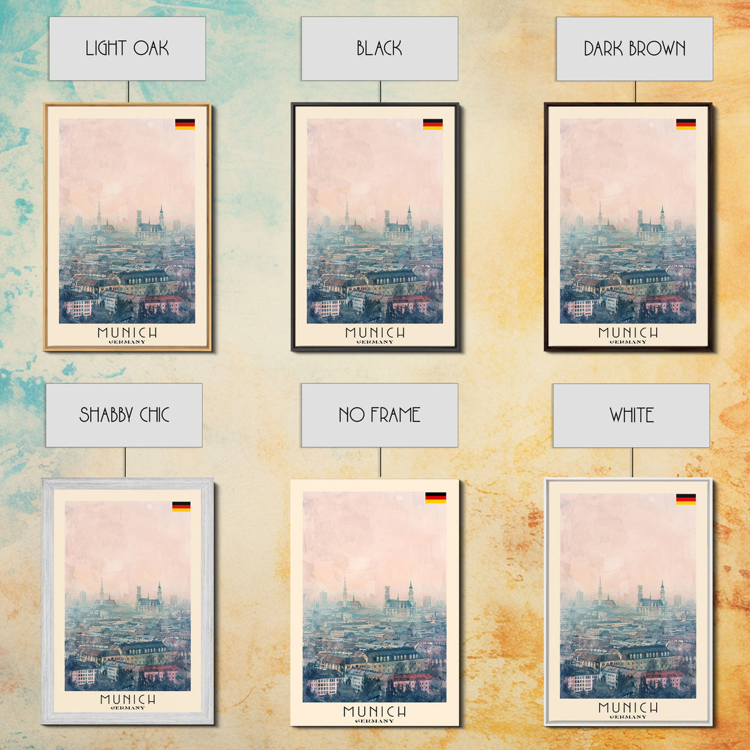 Munich Germany Travel Poster Framed Canvas Print, Iconic Cityscape, Watercolor Art, Wall Decoration, Home Decor, Travel Print, Artistic Piece
