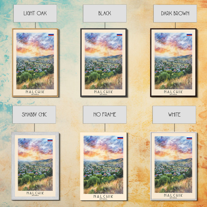 Nalchik Russia Travel Poster Framed Canvas Print, Sunset Watercolor Painting, Scenic Art, Vacation Wall Art, Living Room Decor, Unique Art