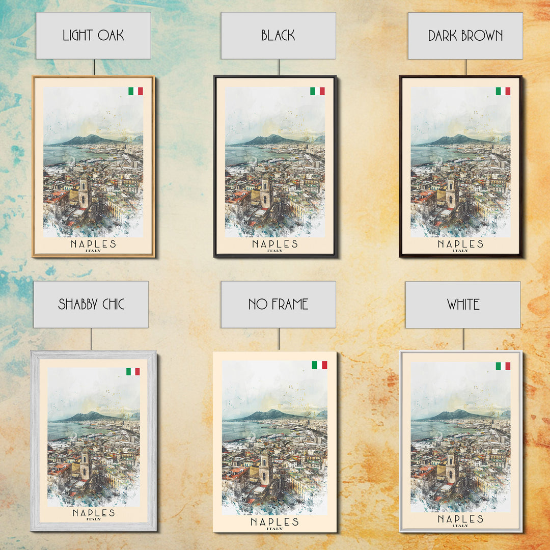 Naples Italy Framed Canvas Print, Scenic Travel Poster, Watercolor Painting, Coastal Wall Art, Home Decor, Vacation Art, Unique Art