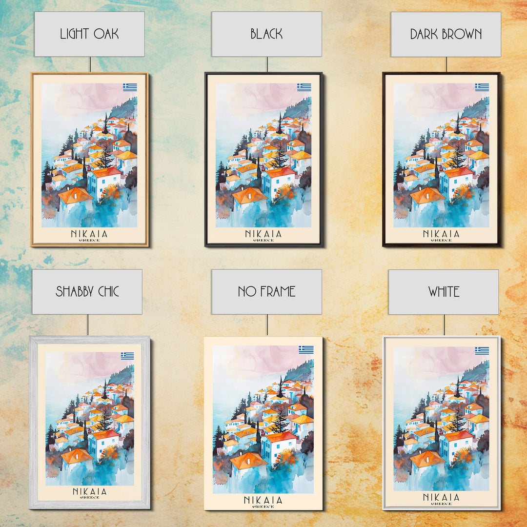 Nikaia Greece Framed Canvas Print, Boho Travel Poster, Watercolor Painting, Wall Art, Home Decor, Greek Scenery, Mediterranean Style