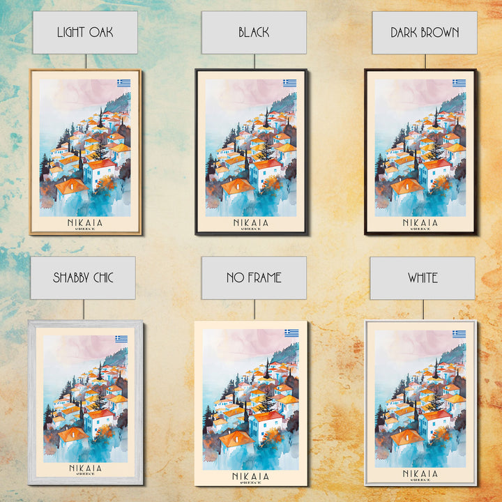 Nikaia Greece Framed Canvas Print, Boho Travel Poster, Watercolor Painting, Wall Art, Home Decor, Greek Scenery, Mediterranean Style